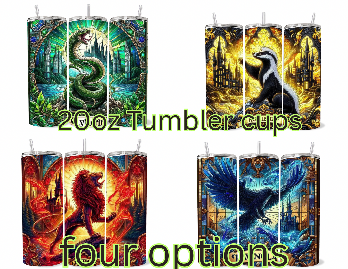 20oz Wizard Academy House Crest Tumbler featuring fandom-inspired artwork