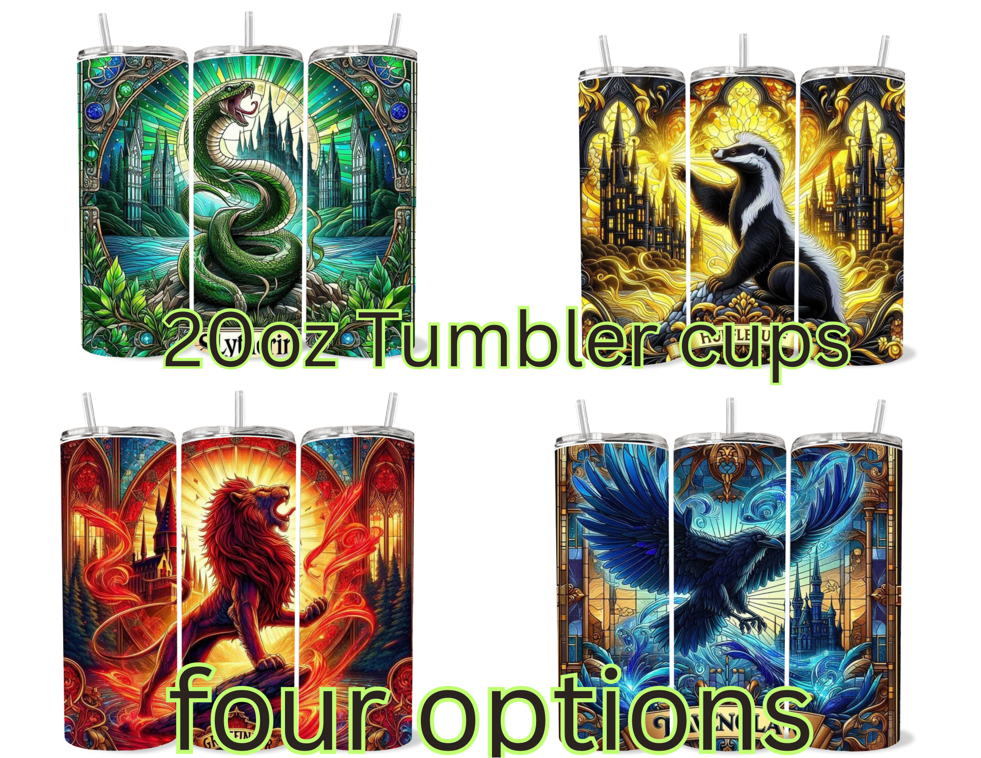 A collection of four 20oz skinny tumblers featuring majestic house animals—a green snake, a yellow badger, a red lion, and a blue raven—each set against a gothic castle backdrop in a vibrant stained-glass art style.