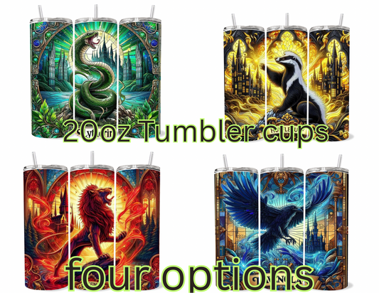 20oz Wizard Academy House Crest Tumbler featuring fandom-inspired artwork
