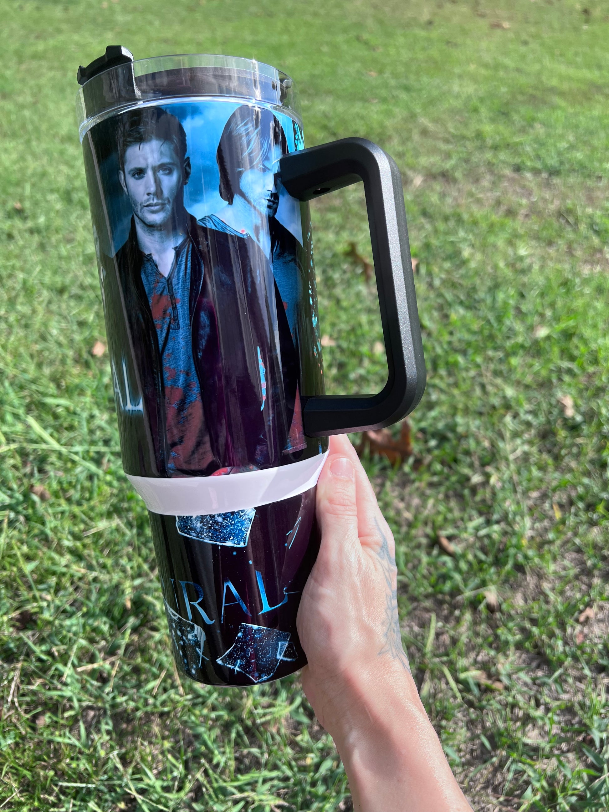 40oz Supernatural Inspired Tumbler with Handle | Dean Winchester & Sam Winchester Stainless Steel Travel Cup featuring the design artwork