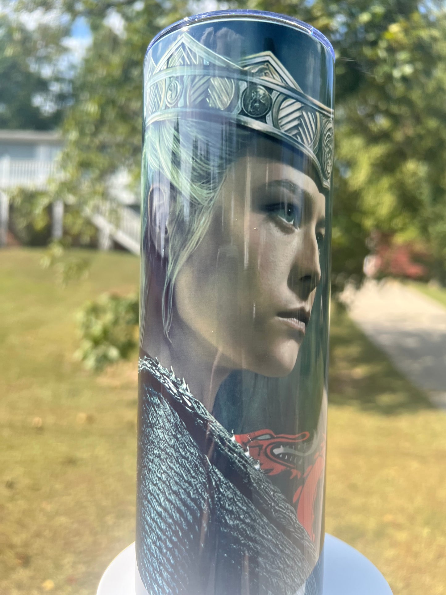 The Black Queen: Rhaenyra Targaryen 20oz Insulated Skinny Tumbler featuring the design artwork