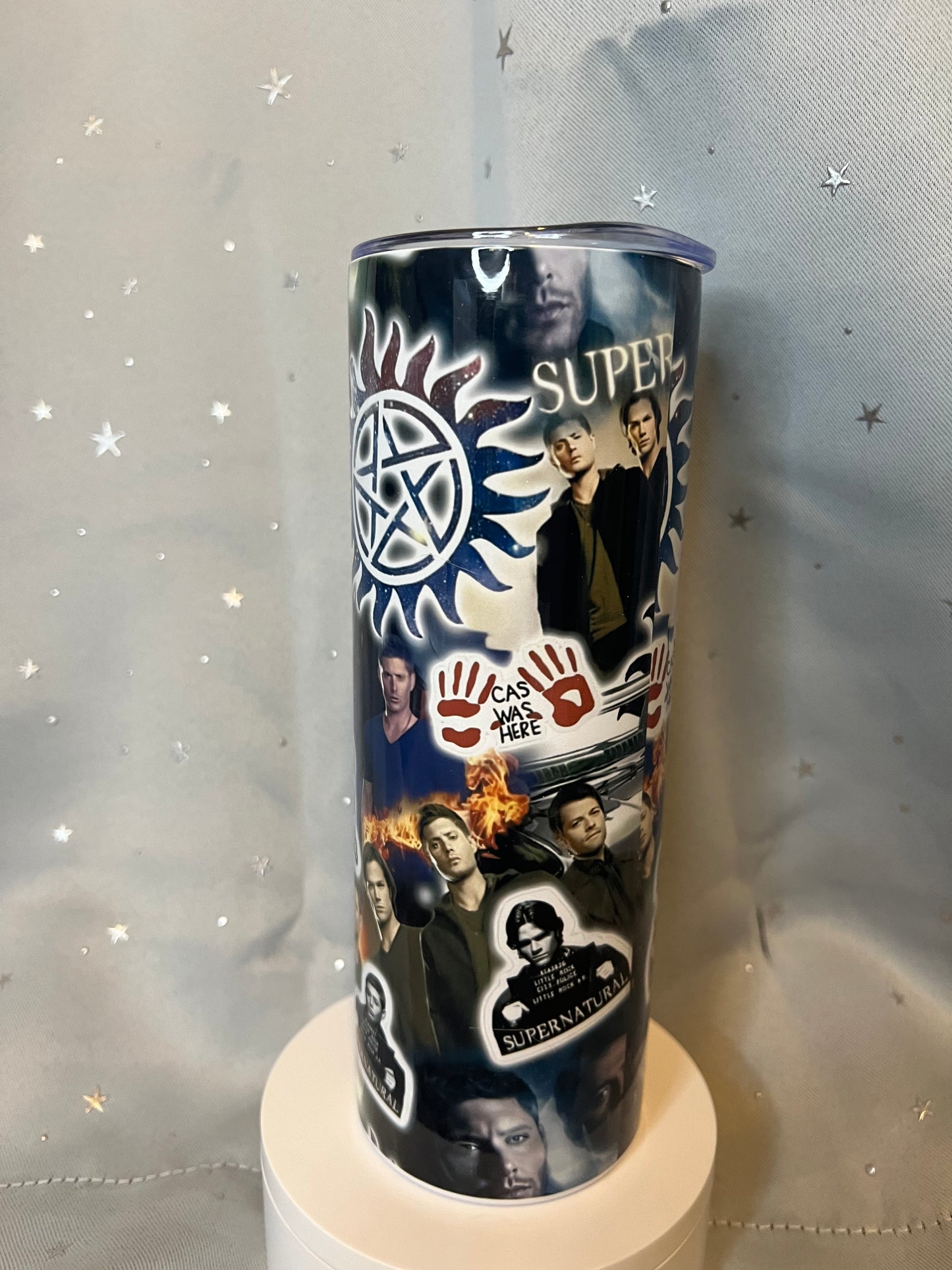 20oz Supernatural Sticker Collage Tumbler featuring supernatural fandom inspired artwork