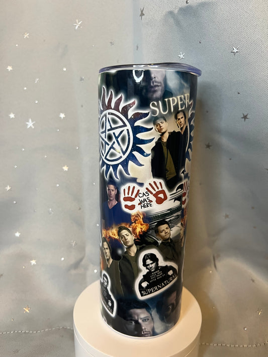 20oz Supernatural Sticker Collage Tumbler featuring supernatural fandom inspired artwork