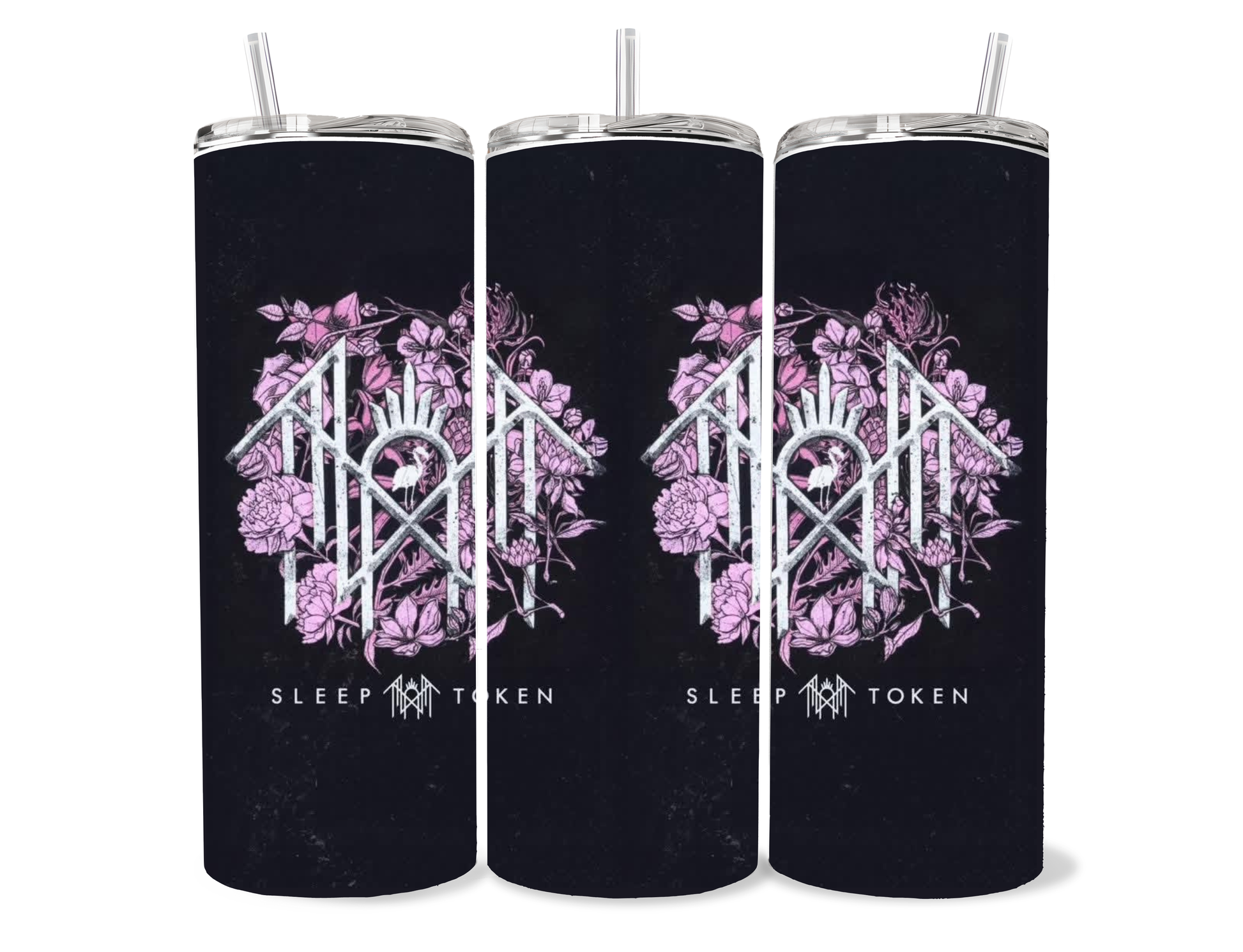 Sleep Token pink floral logo tumbler with dark gothic floral artwork