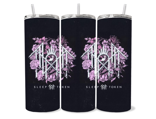 Sleep Token pink floral logo tumbler with dark gothic floral artwork