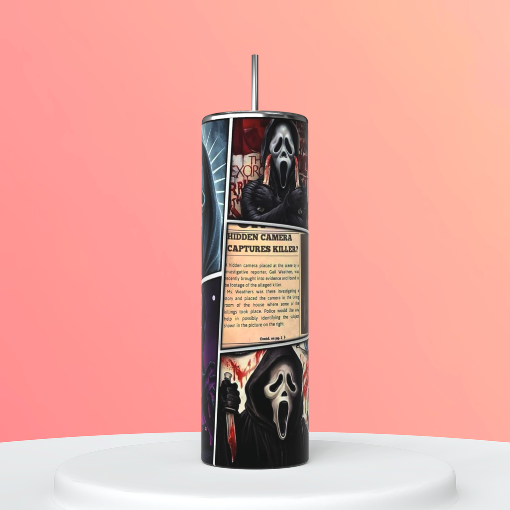 20oz Ghostface Woodsboro Crime File Tumbler | Horror Movie Travel Cup