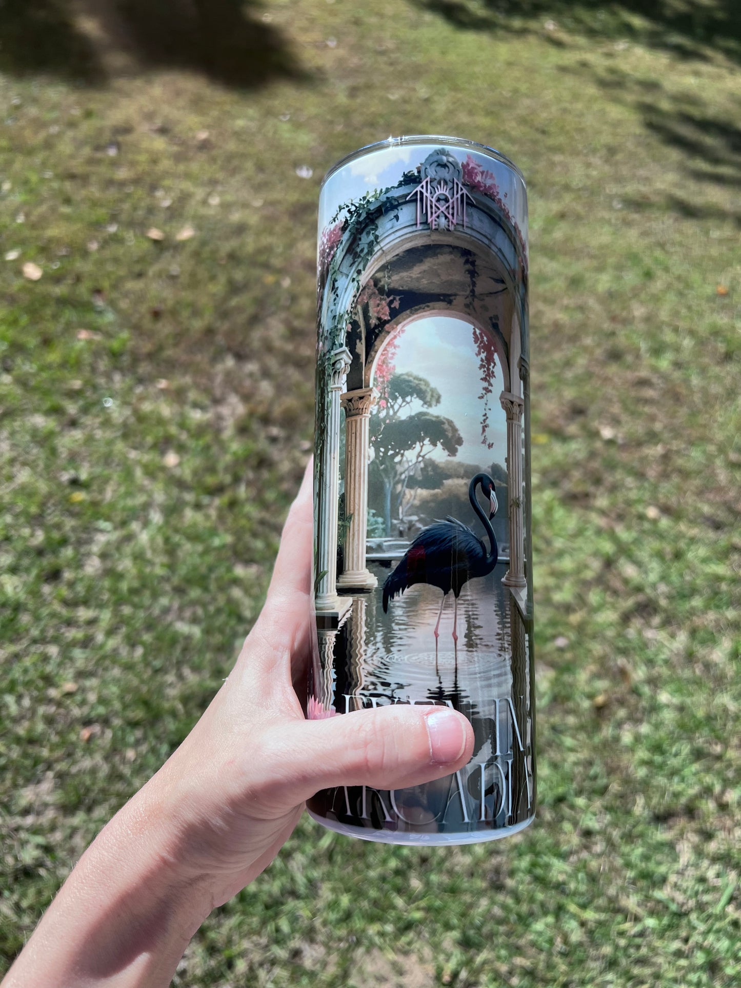 20oz Arcadian Black Flamingo Token themed stainless steel tumbler cup