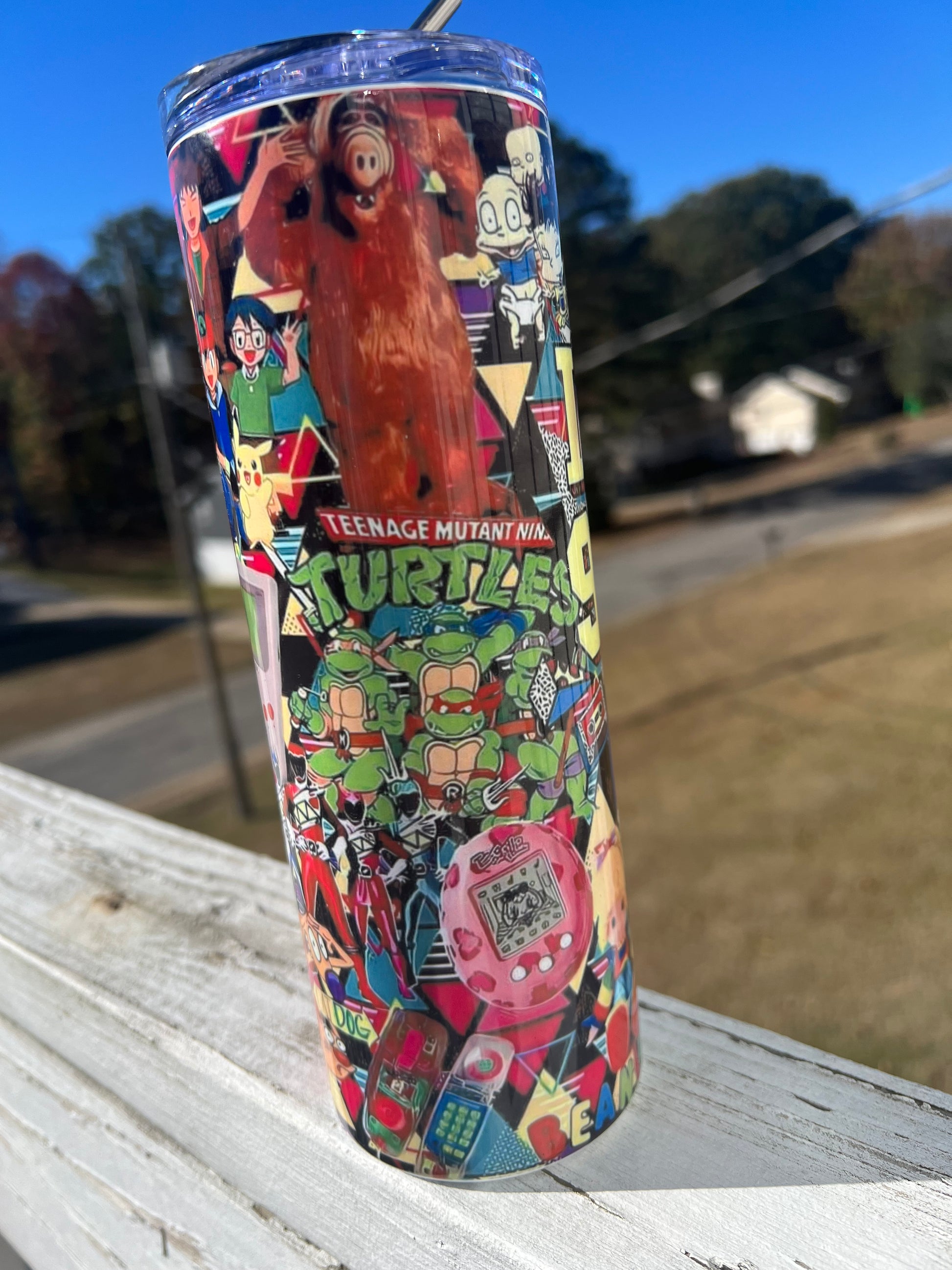 90s Nostalgia Cartoon Collage 20oz Skinny Tumbler | Retro Rugrats, TMNT, Simpsons Inspired Cup | 90s Kids Gift featuring the design artwork