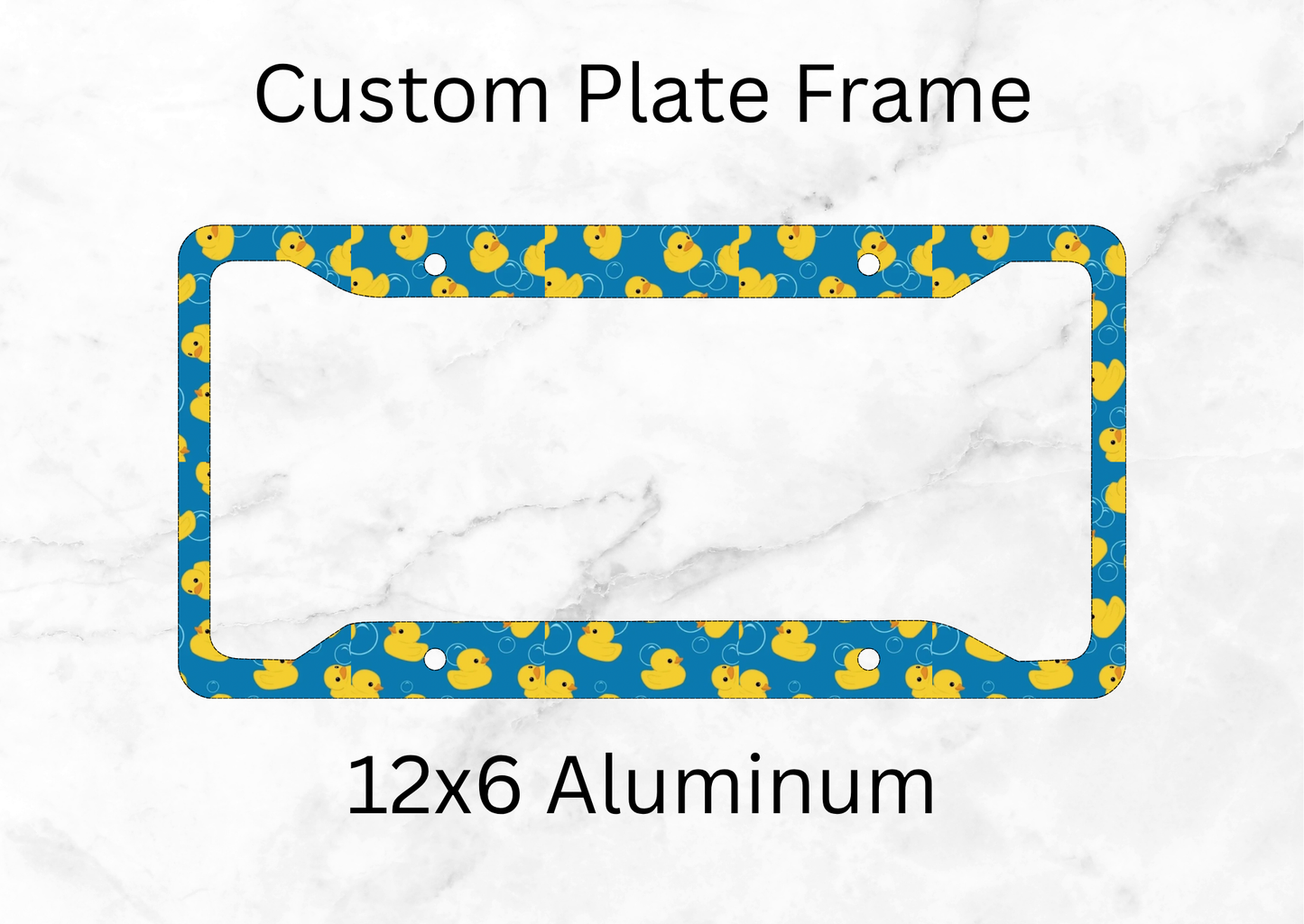 Cute rubber duck license plate frame covered in cheerful yellow duck artwork on blue
