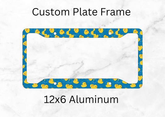 Cute rubber duck license plate frame covered in cheerful yellow duck artwork on blue