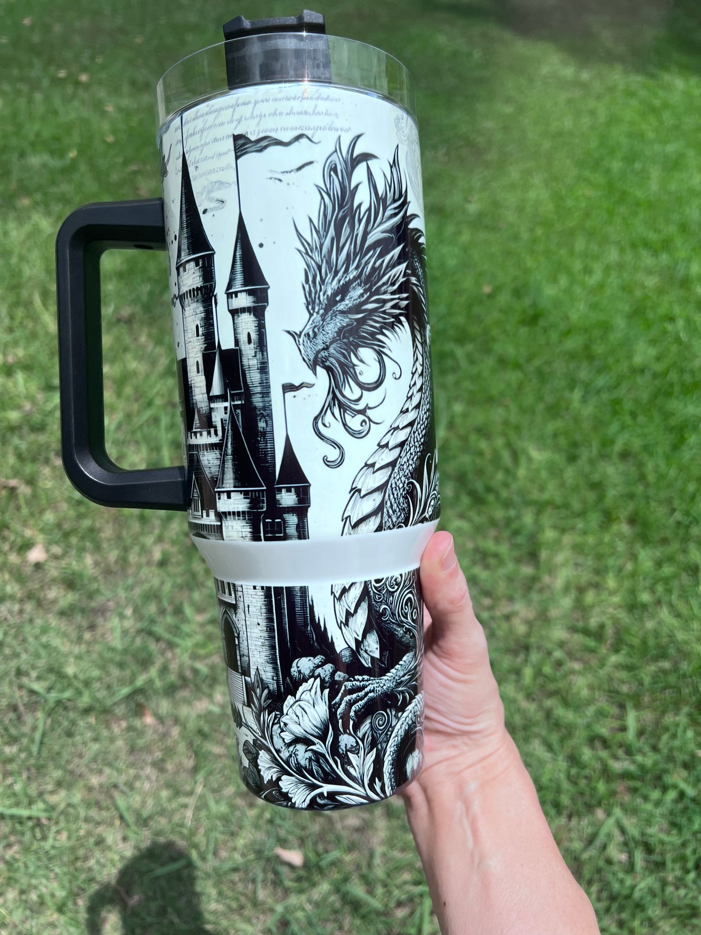 40oz Fantasy Dragon Tumbler with Handle | Book Lover Gift | Castle & Dragon Drinkware