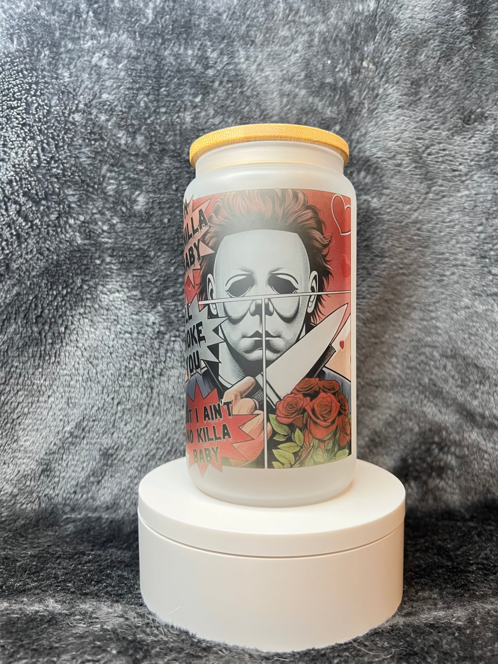 I’m Vanilla Baby Michael Myers Frosted Glass Can | Horror Girl Glass Cup | Spooky Aesthetic 16oz Libbey Style Glass