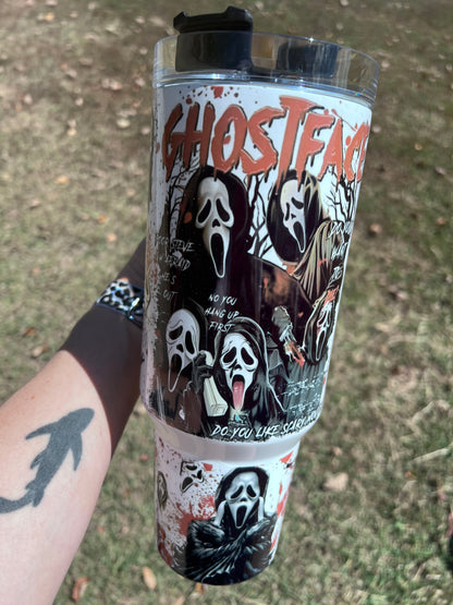 Ghostface Horror 40oz Handled Tumbler featuring the fandom-inspired design