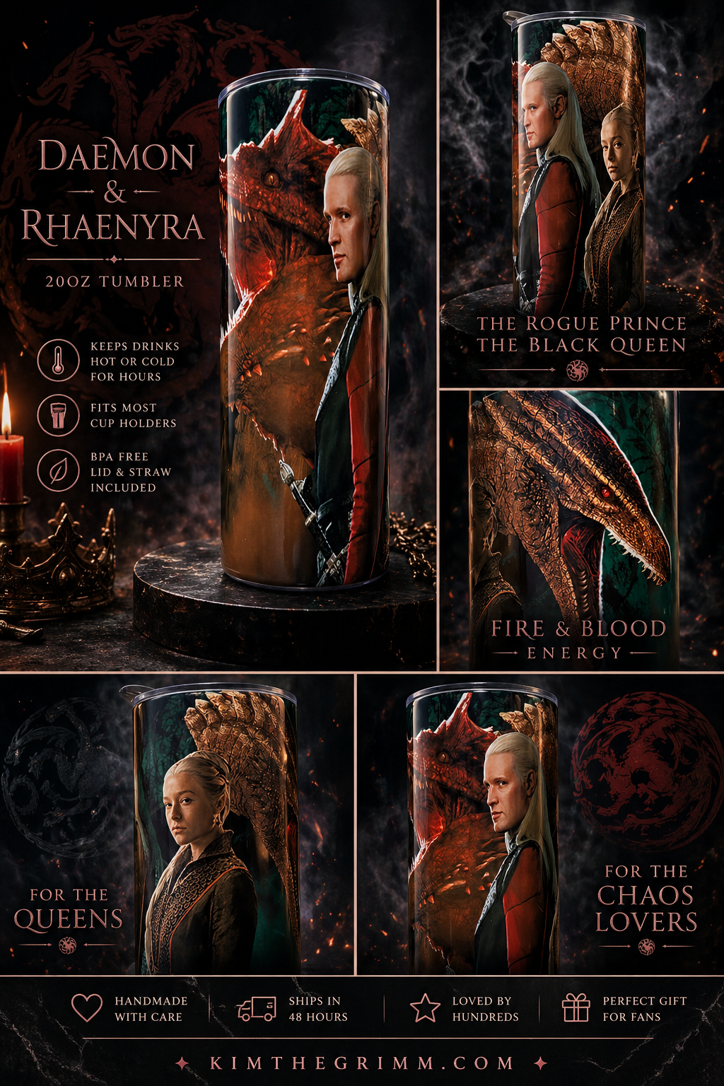 Daemon & Rhaenyra Targaryen Tumbler 20oz – Rogue Prince & Black Queen House of the Dragon Cup featuring the design artwork