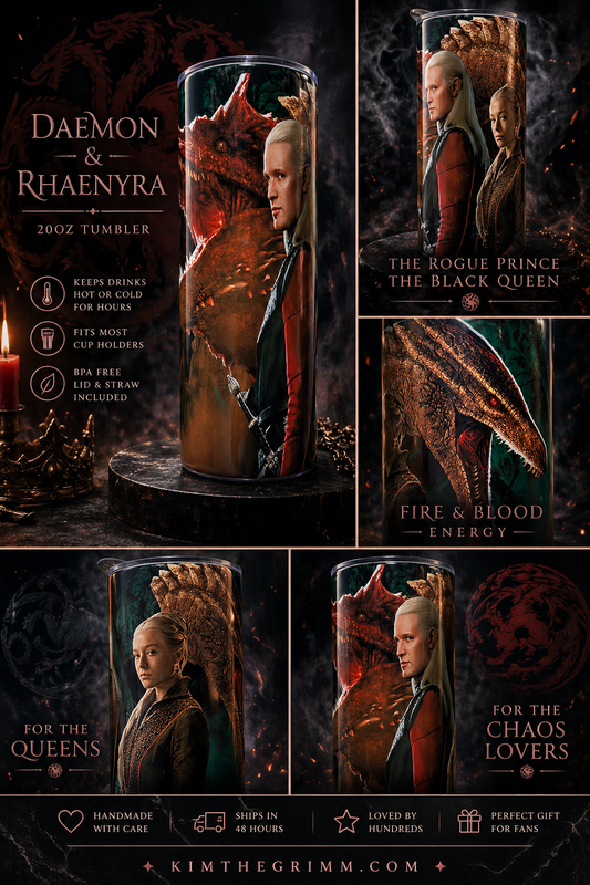Daemon & Rhaenyra Targaryen Tumbler 20oz – Rogue Prince & Black Queen House of the Dragon Cup featuring the design artwork