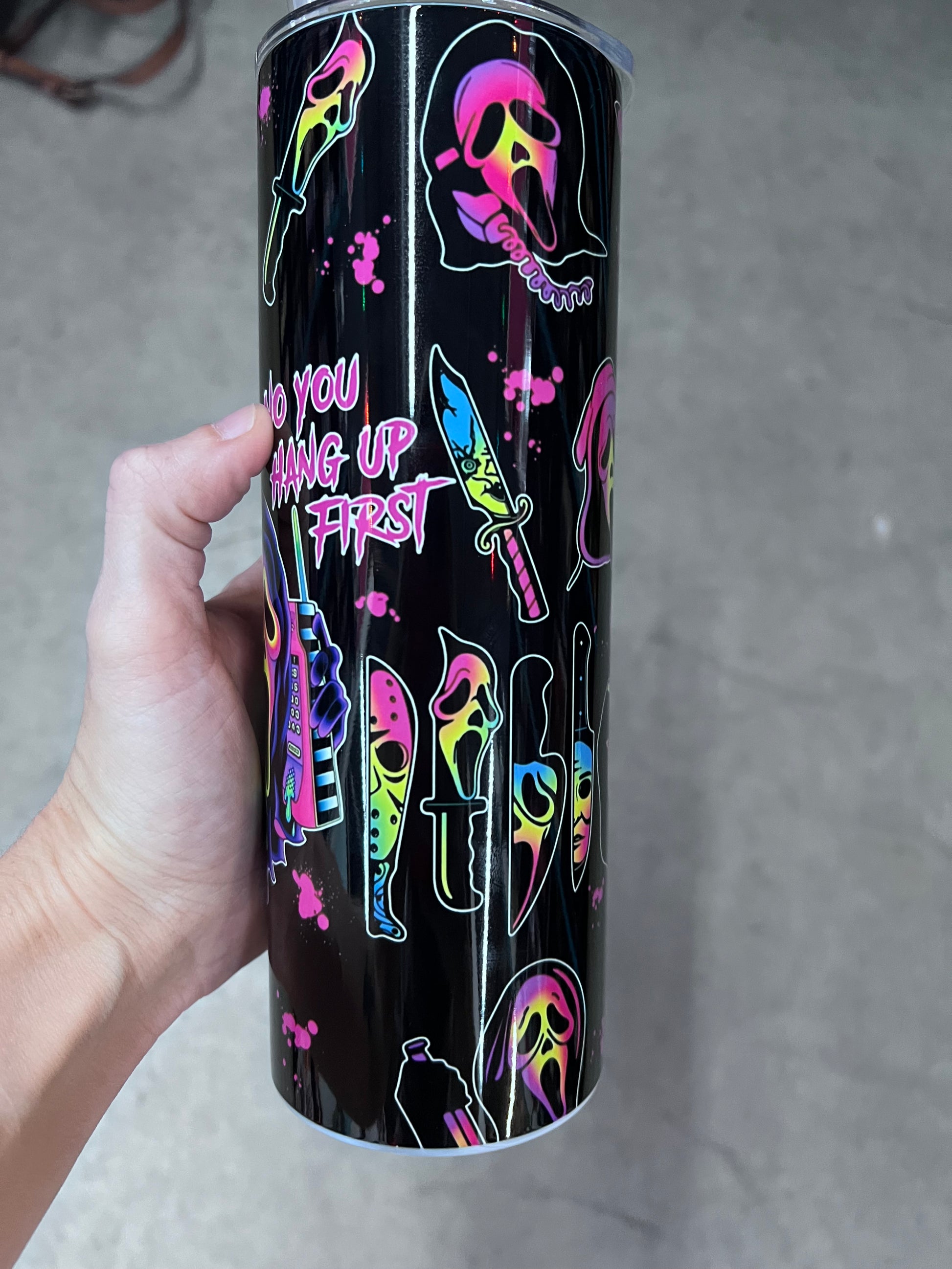 Ghostface Just the Tip 20oz horror tumbler with neon masks and knives