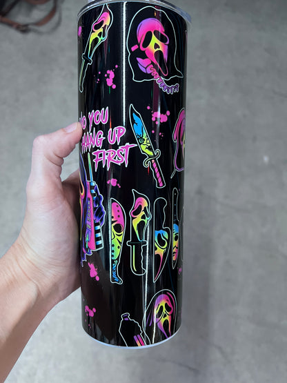 Ghostface Just the Tip 20oz horror tumbler with neon masks and knives