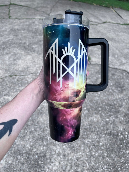 Sleep Token cosmic galaxy 40oz tumbler with nebula and celestial symbol artwork
