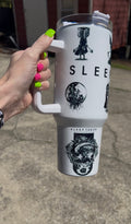 Detailed black and white Sleep Token inspired 40oz tumbler with handle and lore inspired  illustrations.