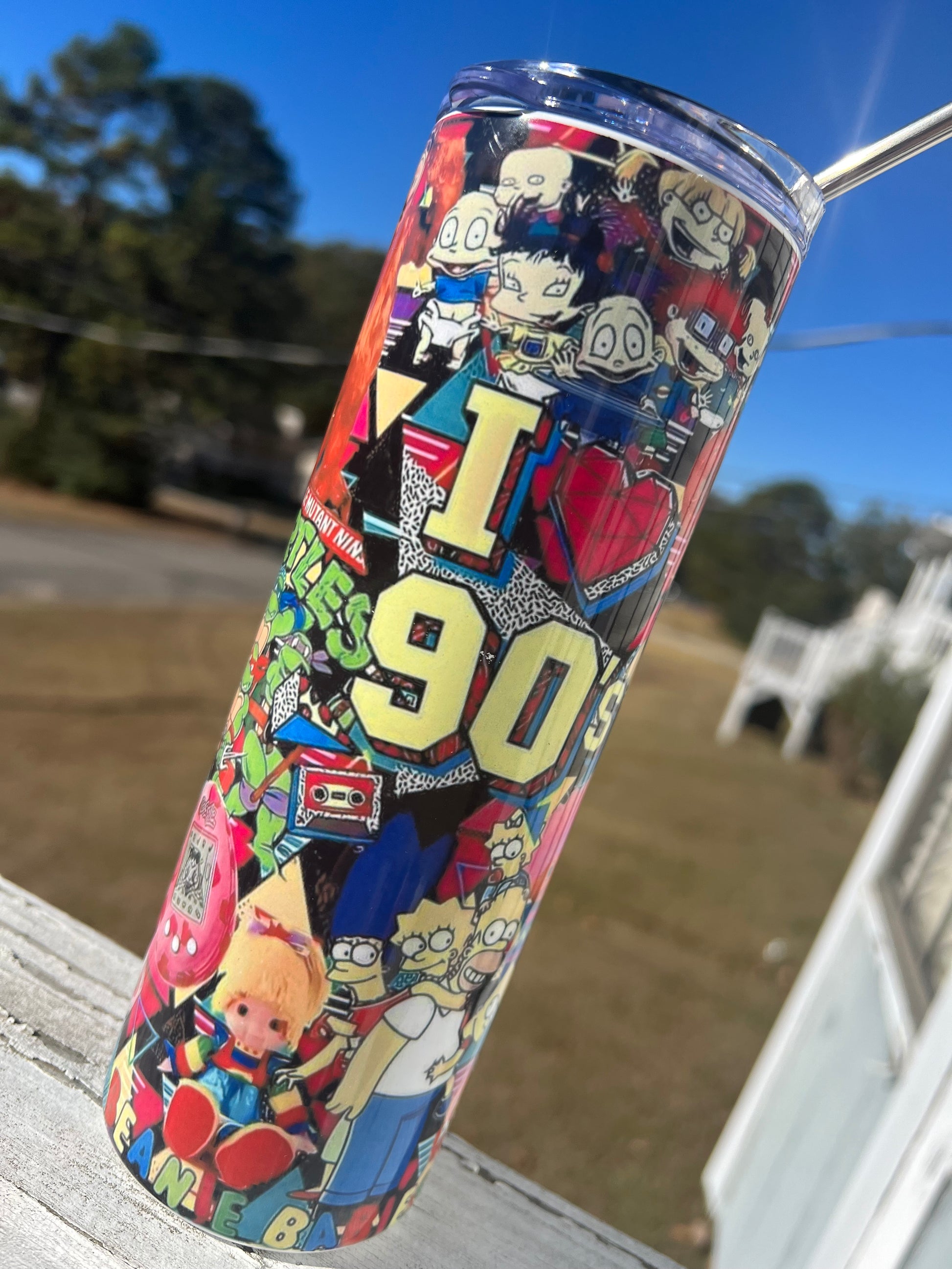 90s Nostalgia Cartoon Collage 20oz Skinny Tumbler | Retro Rugrats, TMNT, Simpsons Inspired Cup | 90s Kids Gift featuring the design artwork
