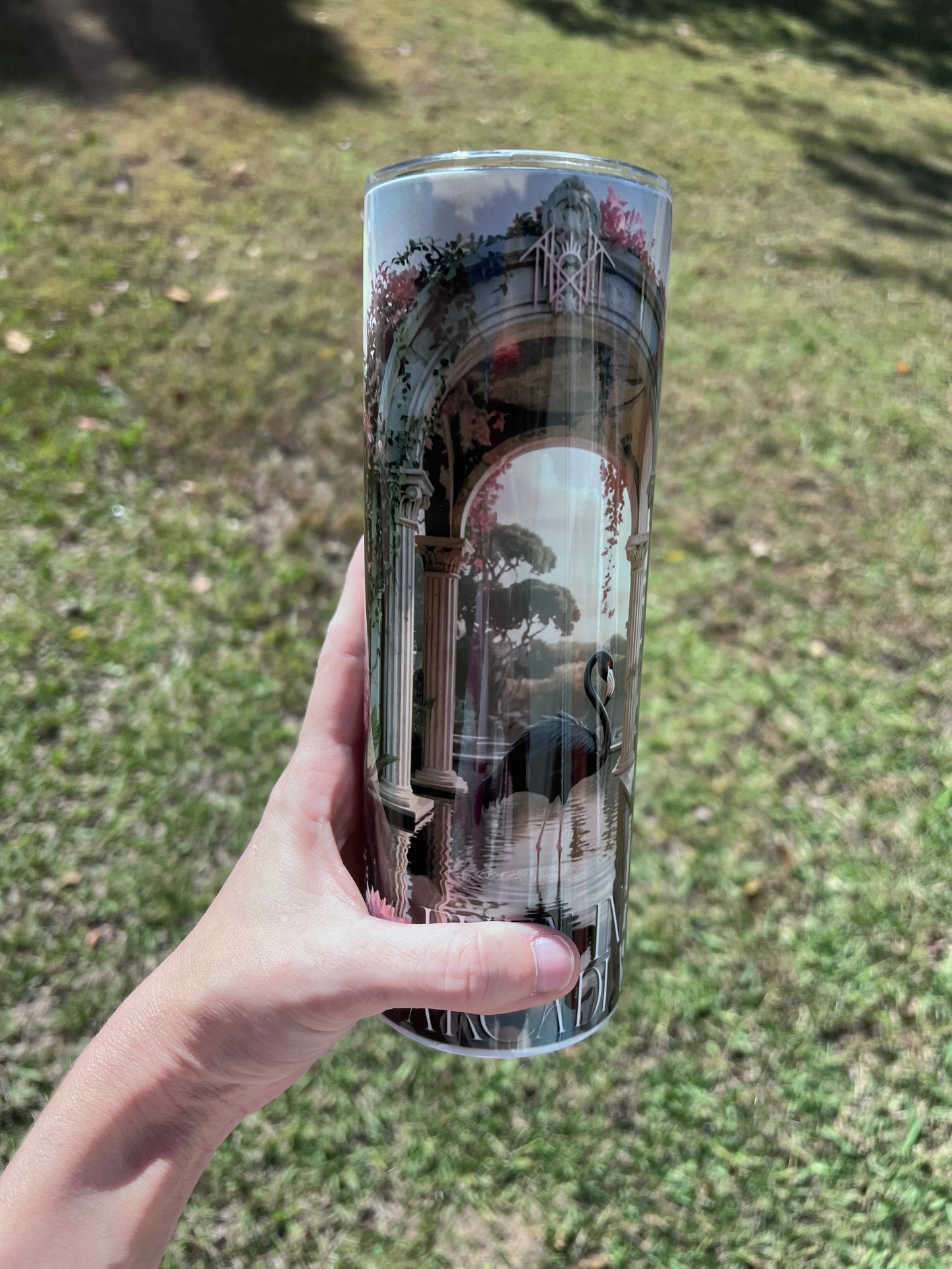 20oz Arcadian Black Flamingo Token themed stainless steel tumbler cup