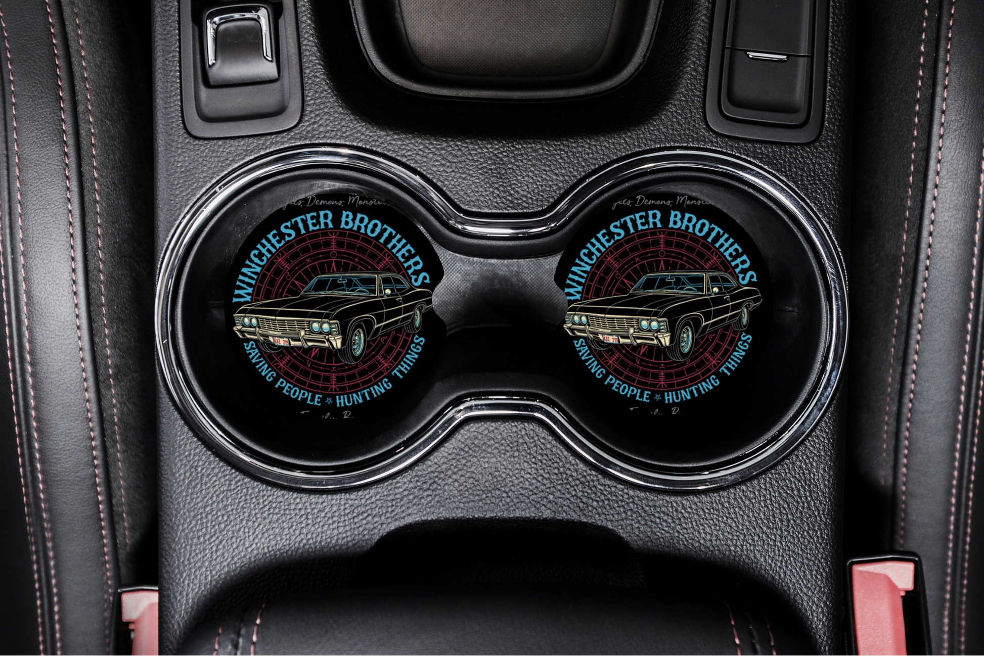 Supernatural Impala Car Coaster Set | Winchester Brothers Baby Car Accessories | SPN Hunter Aesthetic Decor featuring the design artwork