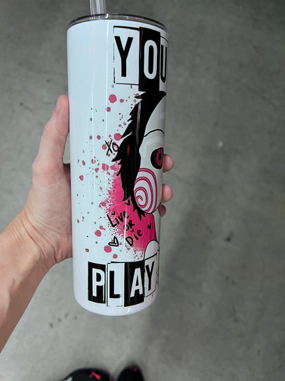 Custom Saw horror tumbler side profile displaying 'Live or Die' quote and pink paint splatters⁠
