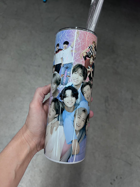 BTS 20oz tumbler featuring BTS members, BT21 characters and colorful K-pop artwork