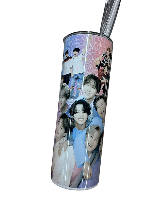 BTS 20oz tumbler featuring BTS members, BT21 characters and colorful K-pop artwork