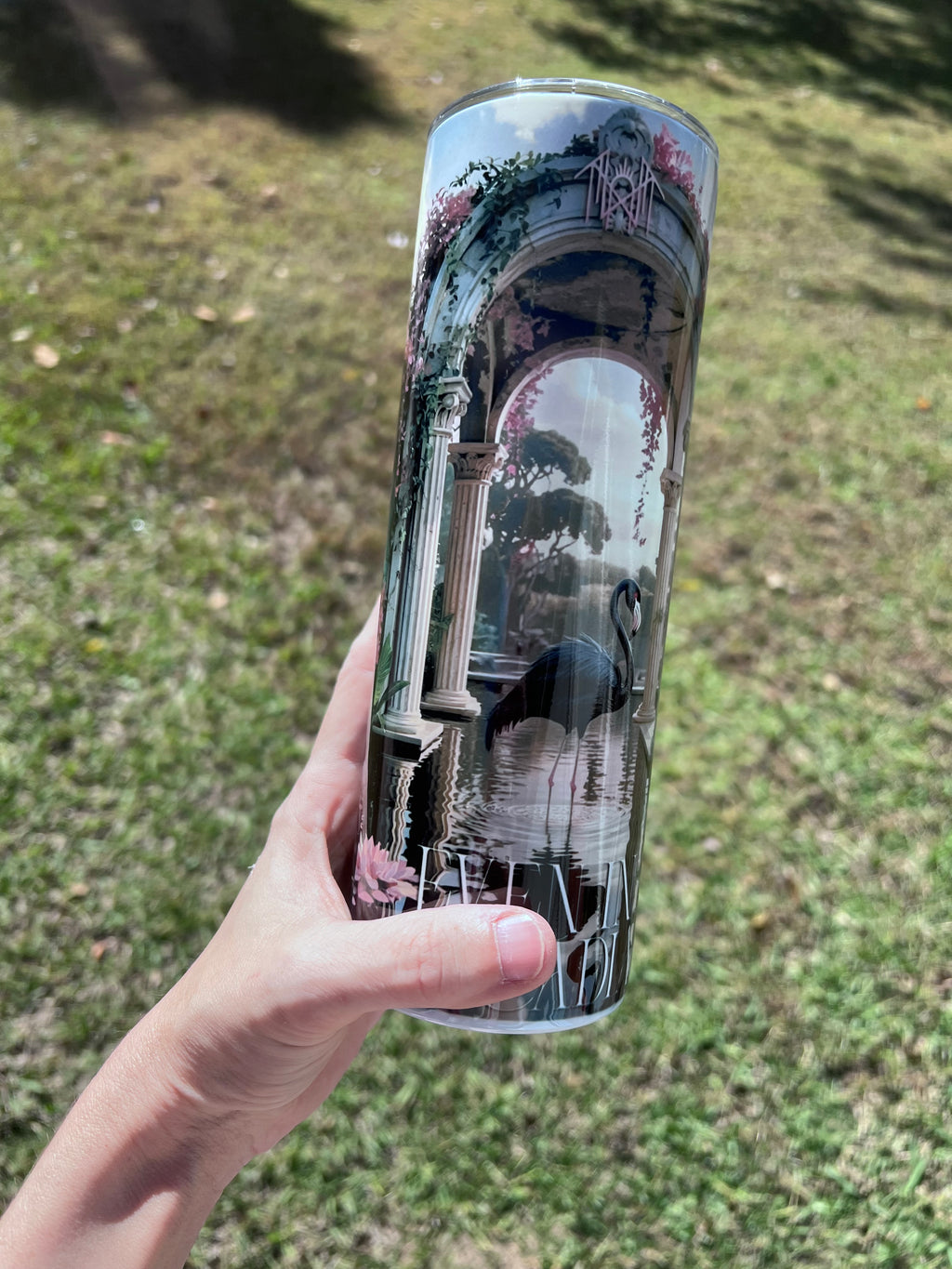 20oz Arcadian Black Flamingo Token themed stainless steel tumbler cup