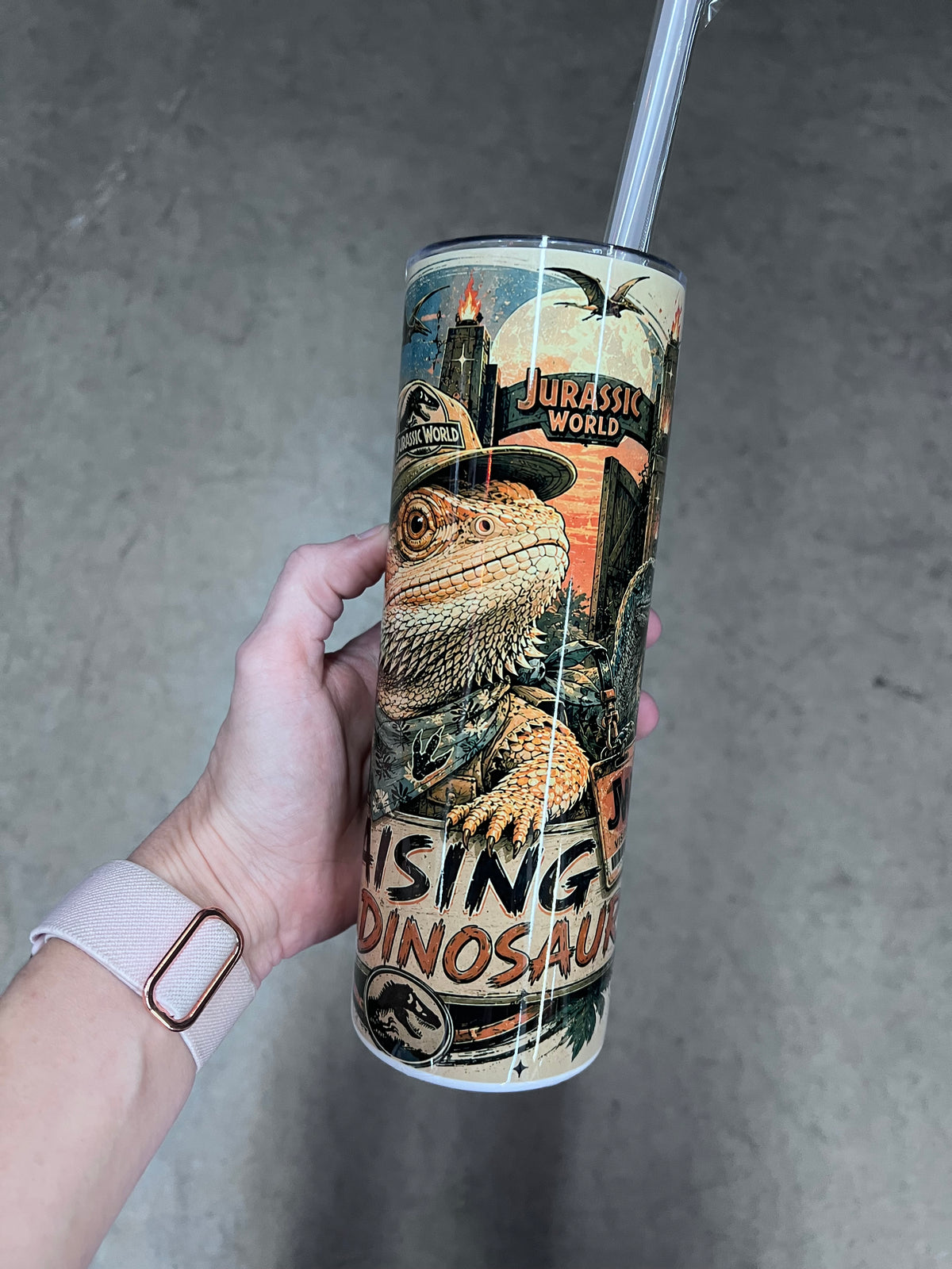 Bearded dragon Jurassic inspired Raising Tiny Dinosaurs tumbler with prehistoric adventure artwork