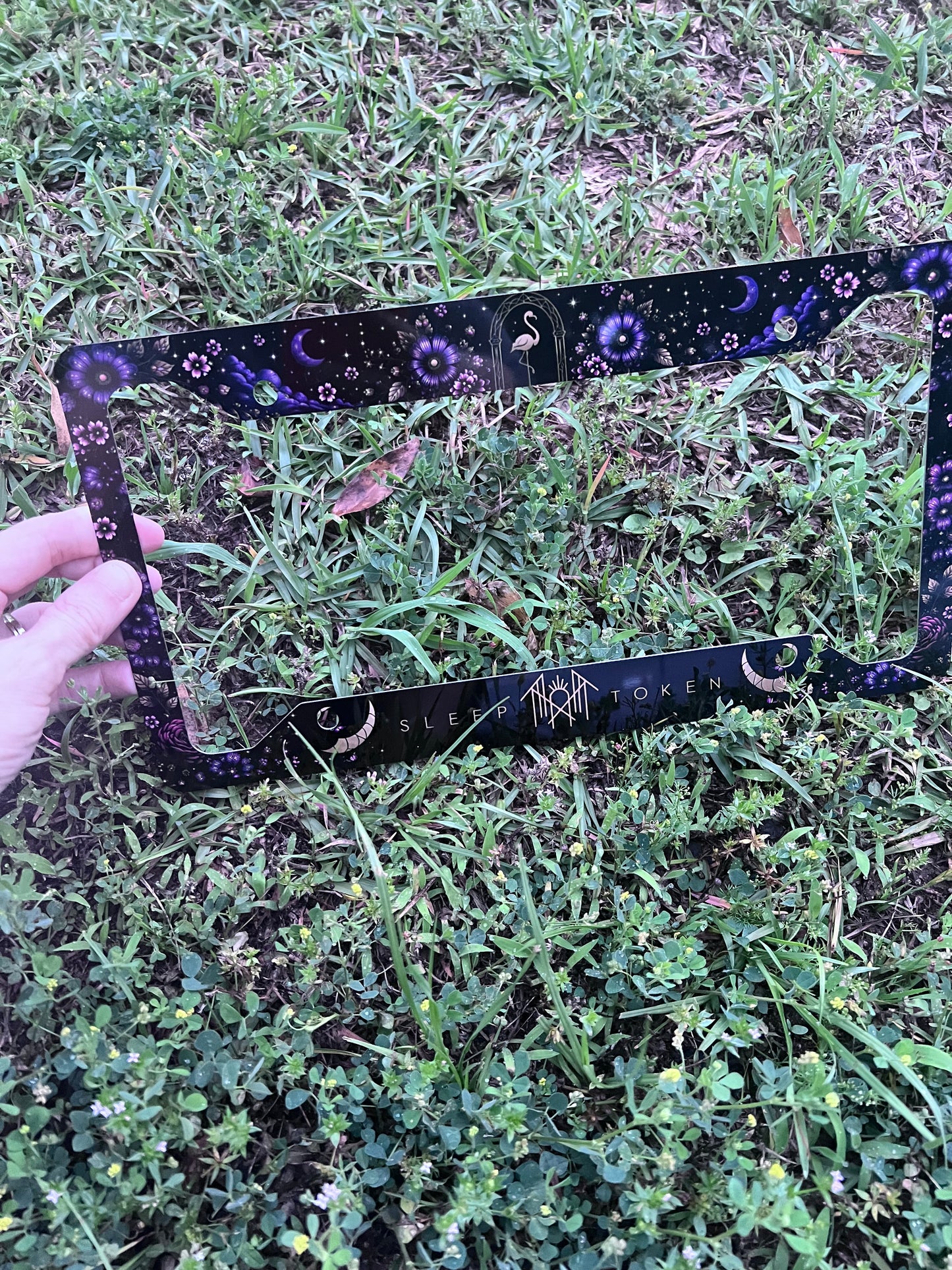 Sleep Token inspired floral license plate frame with celestial and dark floral artwork