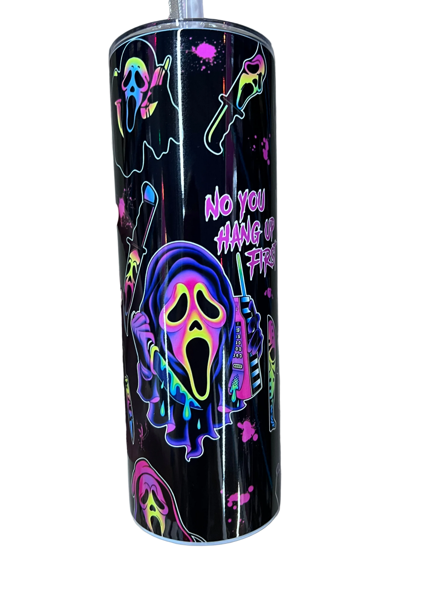 Ghostface Just the Tip 20oz horror tumbler with neon masks and knives