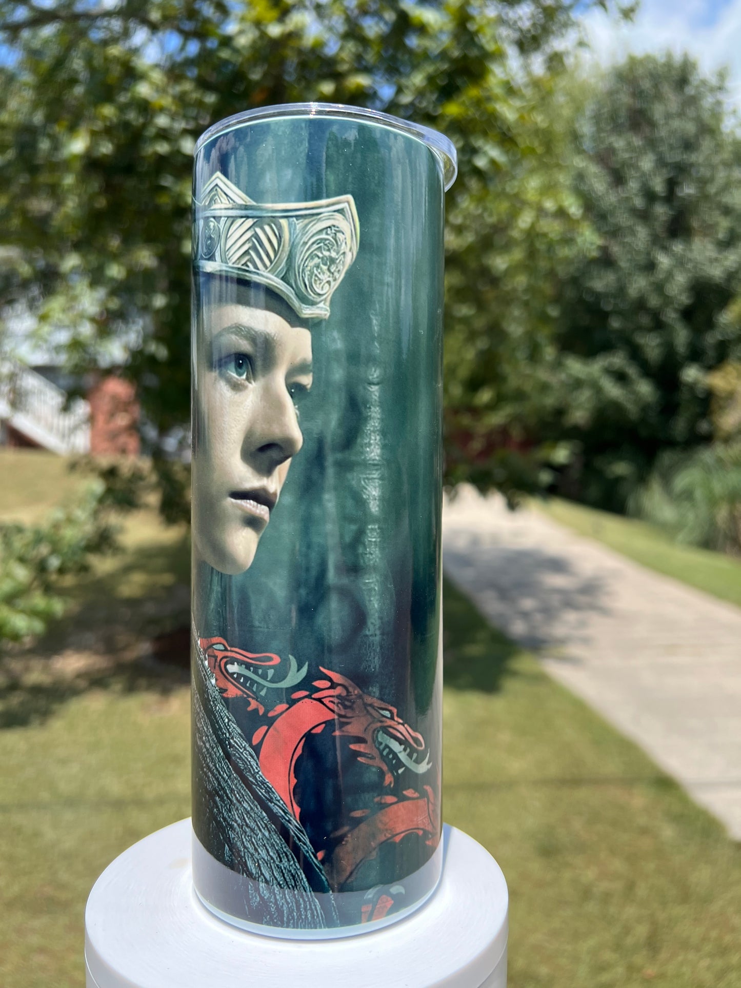 The Black Queen: Rhaenyra Targaryen 20oz Insulated Skinny Tumbler featuring the design artwork