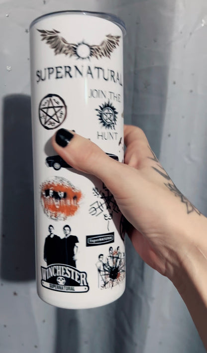 Supernatural collage 20oz tumbler featuring Winchester brothers inspired fandom artwork