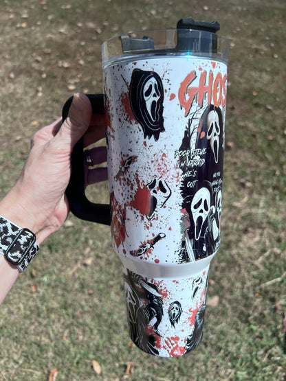 Ghostface Horror 40oz Handled Tumbler featuring the fandom-inspired design