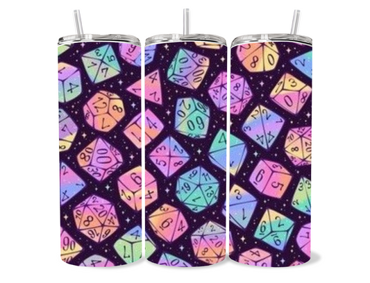 D&D Dice Tumbler - Colorful Dice Design with Numbers on a Dark Background Drinkware