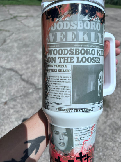 40oz Ghostface Woodsboro Weekly Tumbler featuring the themed design