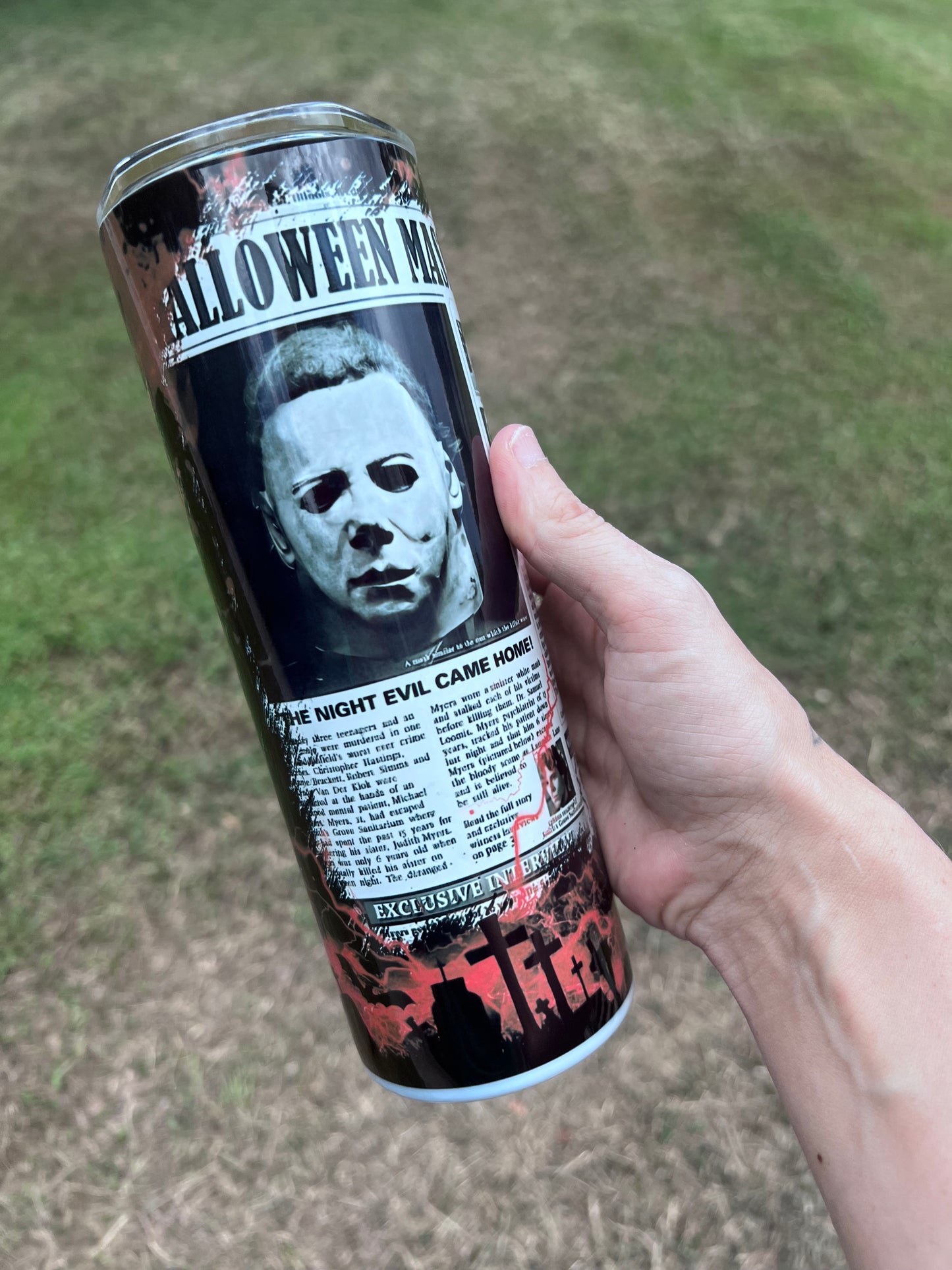 20oz Michael Myers Halloween Tumbler featuring the themed design