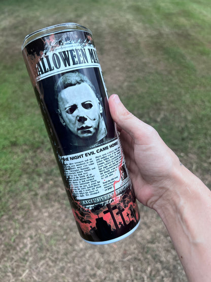 20oz Michael Myers Halloween Tumbler featuring the themed design
