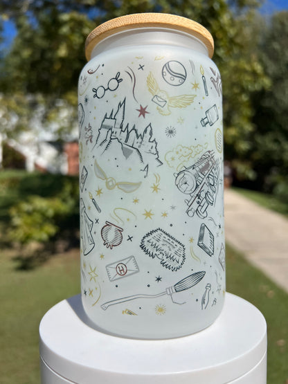 16oz Harry Potter Collage Frosted Glass Tumbler featuring harry potter collage inspired artwork