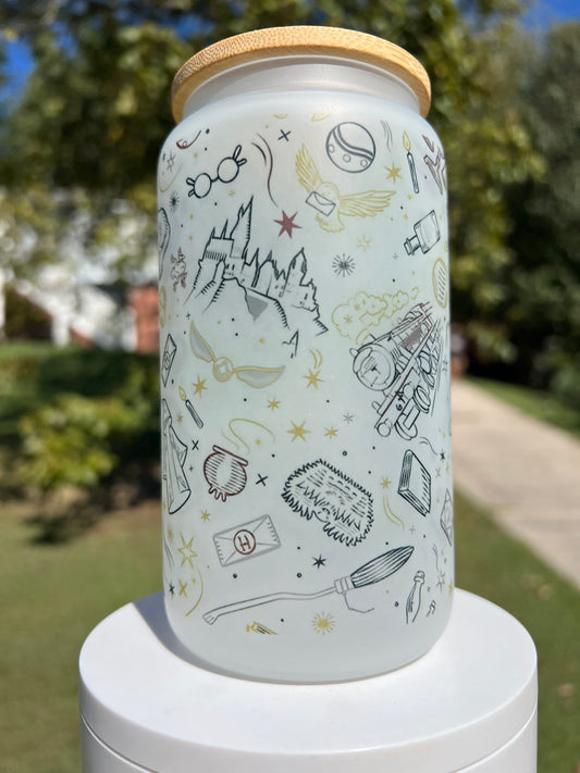 16oz Harry Potter Collage Frosted Glass Tumbler featuring harry potter collage inspired artwork