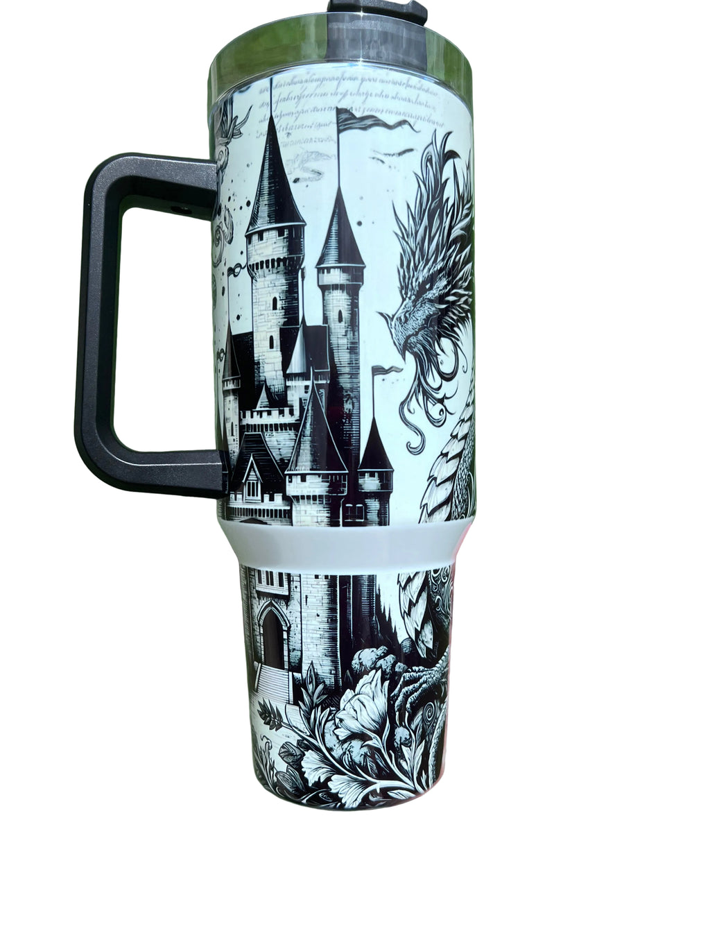     40oz fantasy dragon tumbler with castle artwork
* fantasy reader gift tumbler