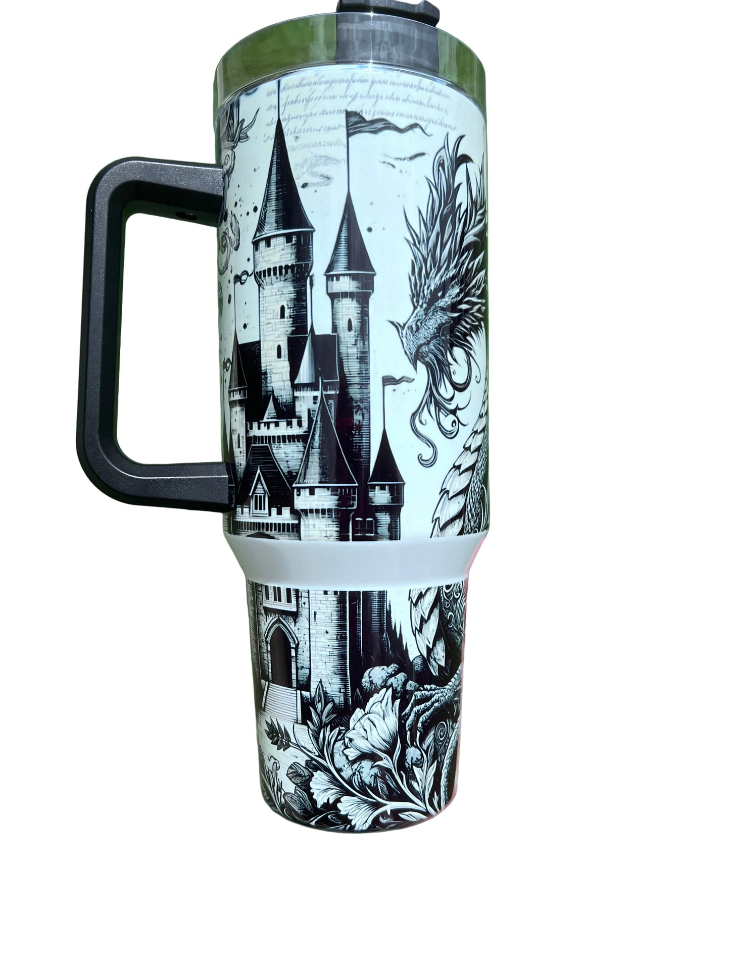    40oz fantasy dragon tumbler with castle artwork
* fantasy reader gift tumbler