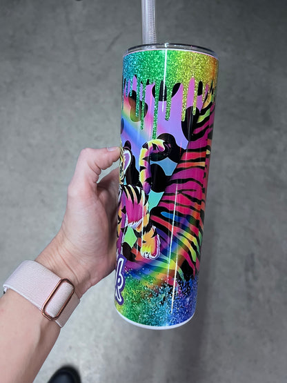 Lisa Frank inspired neon rainbow animal tumbler featuring colorful leopard and tiger artwork