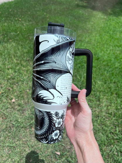 40oz Fantasy Dragon Tumbler with Handle | Book Lover Gift | Castle & Dragon Drinkware