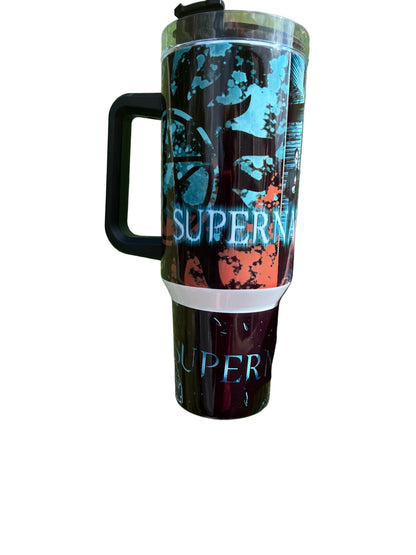 40oz Supernatural Inspired Tumbler with Handle | Dean Winchester & Sam Winchester Stainless Steel Travel Cup featuring the design artwork
