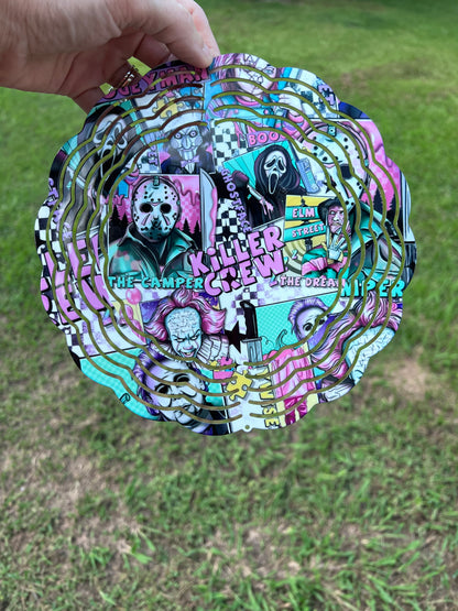 Horror movie villains wind spinner featuring colorful slasher inspired artwork