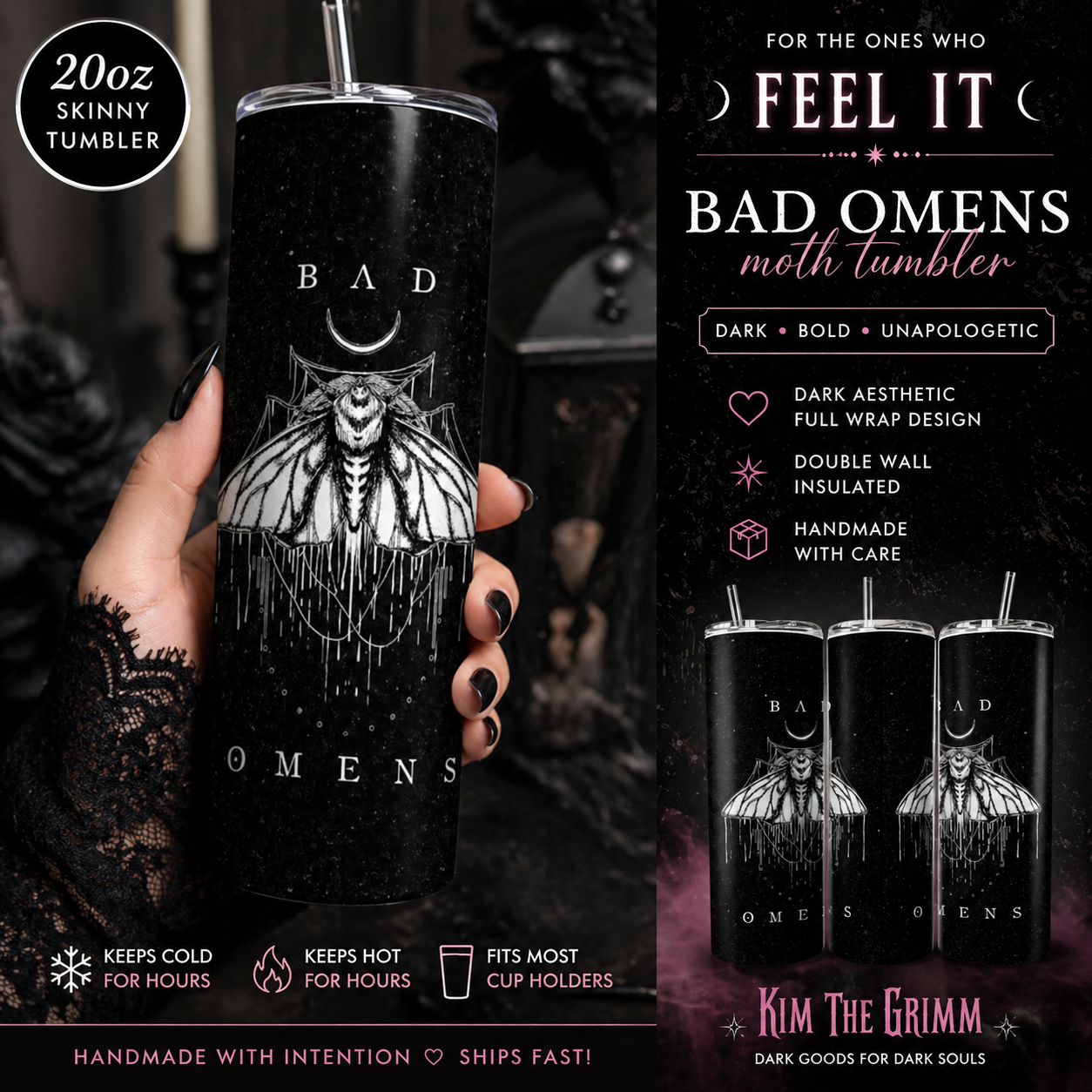 Bad Omens Moth 20oz Skinny Tumbler | Dark Aesthetic Gothic Drinkware | Alternative Metal Inspired Cup featuring the design artwork