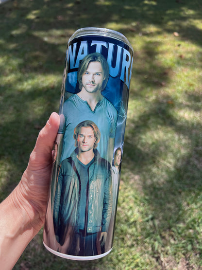 KimTheGrimm Supernatural SPN Sam Dean and Castiel 20oz stainless steel tumbler cup.⁠
